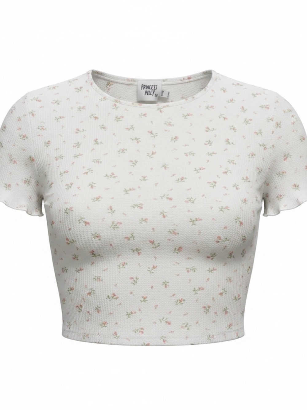 Princess Polly White Floral Ribbed Crop Top with Pink & Green Sprig Print